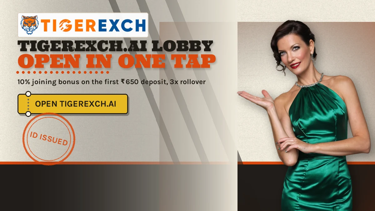 Tigerexch.Ai Lobby open in one tap banner: 10% joining bonus on the first ₹650 deposit, 3x rollover; gold ticket-stub button reading Open Tigerexch.Ai, casino hostess in a plain emerald satin dress gesturing to the side with an open palm at the right
