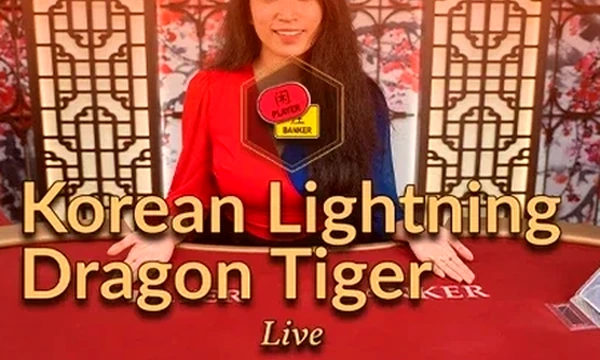 Korean Lightning Dragon Tiger Live tile from Evolution, a dealer in red by the two-card table on Tiger Exchange