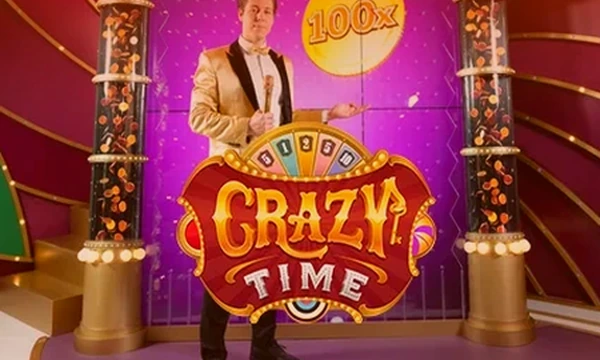 Crazy Time tile from Evolution with the host beside the money wheel, the game show inside the Tiger Exchange casino