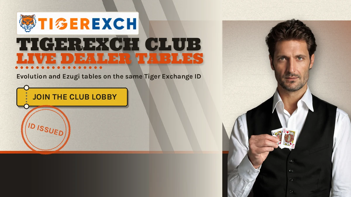 Tigerexch Club live dealer tables banner: Evolution and Ezugi tables on the same Tiger Exchange ID; gold ticket-stub button reading Join The Club Lobby, card dealer in a plain black waistcoat over a white shirt fanning a deck of playing cards in one hand at the right