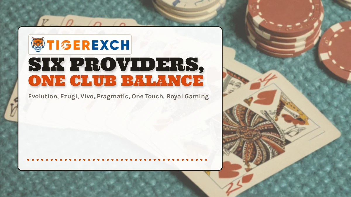 Six Providers, One Club Balance poster: Evolution, Ezugi, Vivo, Pragmatic, One Touch, Royal Gaming
