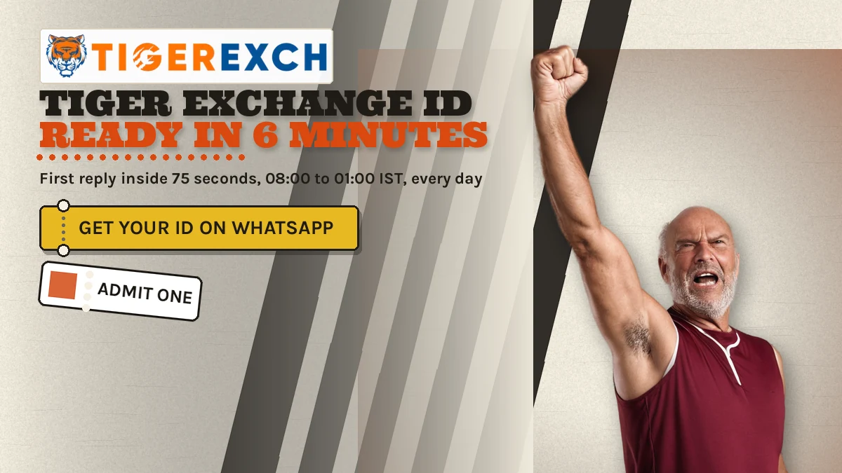 Tiger Exchange Id ready in 6 minutes banner: First reply inside 75 seconds, 08:00 to 01:00 IST, every day; gold ticket-stub button reading Get Your Id On Whatsapp, adult male cricket fan in a plain solid deep-red sleeveless athletic top cheering with both fists raised at the right