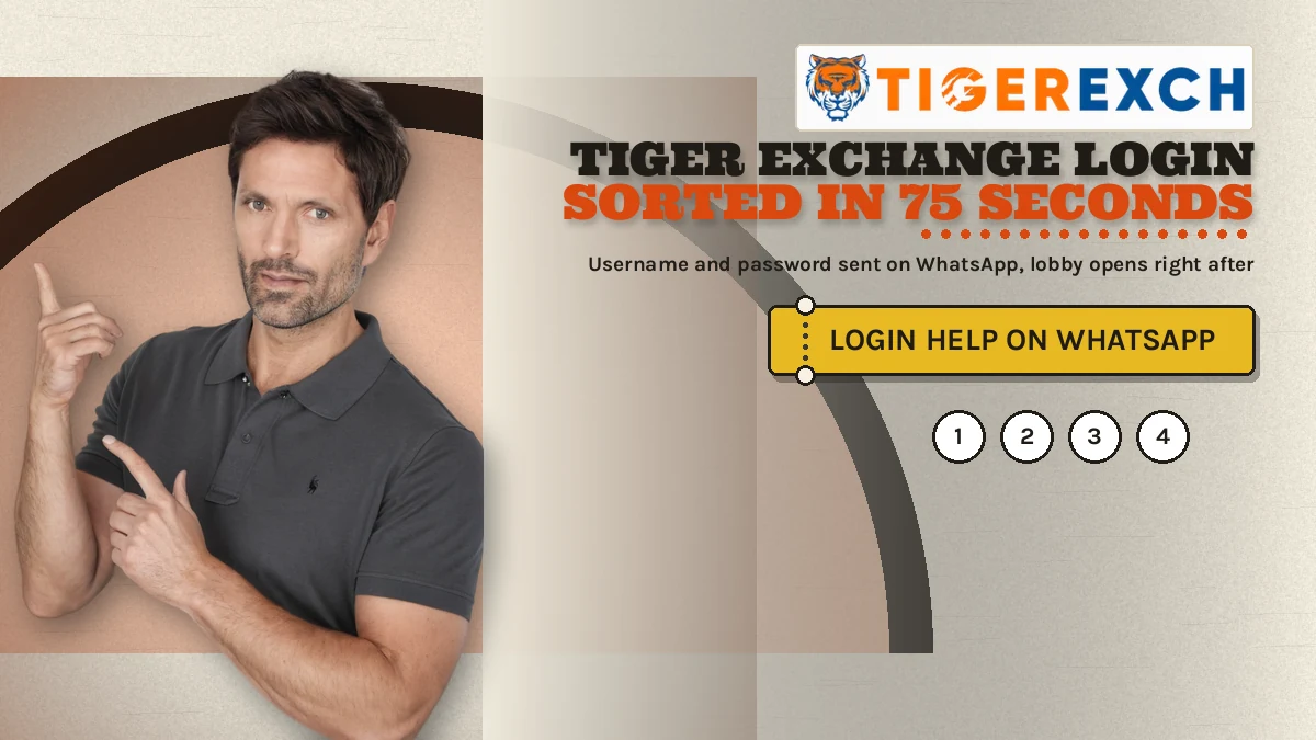 Tiger Exchange Login sorted in 75 seconds banner: Username and password sent on WhatsApp, lobby opens right after; gold ticket-stub button reading Login Help On Whatsapp, adult man in a plain solid charcoal polo pointing to the side with his right index finger at the left