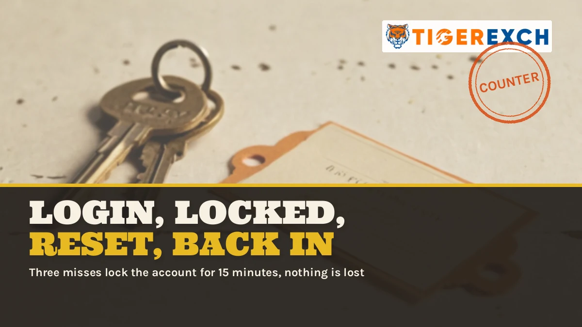 Login, Locked, Reset, Back In poster: Three misses lock the account for 15 minutes, nothing is lost
