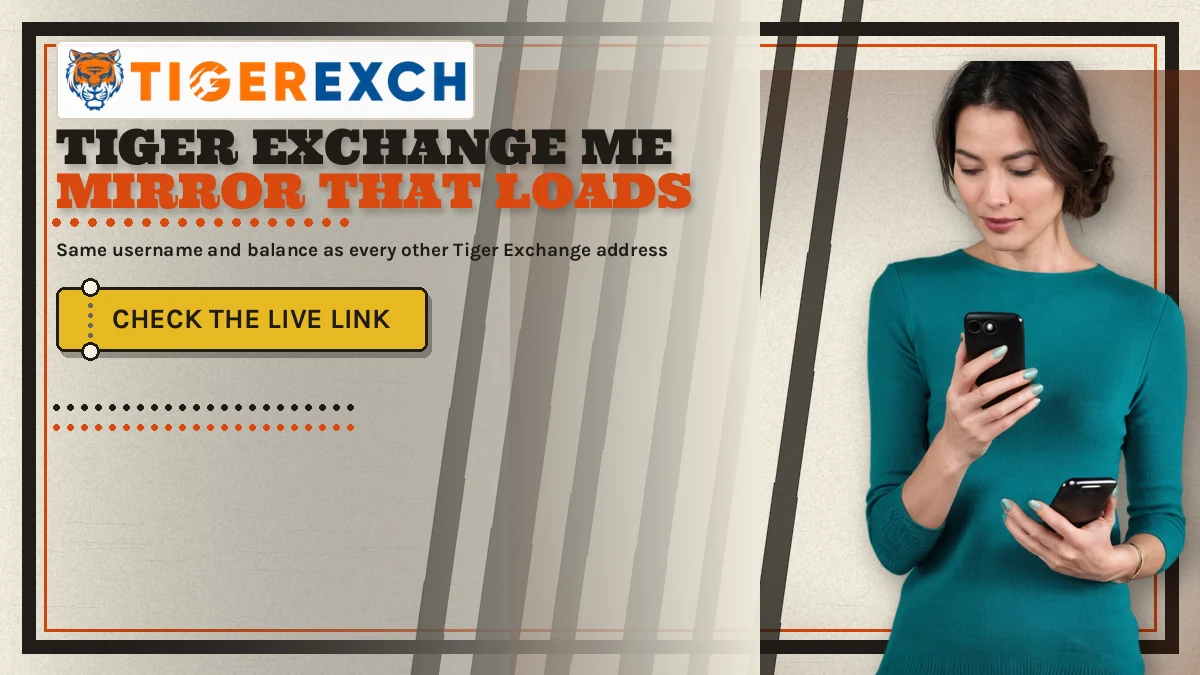 Tiger Exchange Me mirror that loads banner: Same username and balance as every other Tiger Exchange address; gold ticket-stub button reading Check The Live Link, adult woman in a plain solid teal top typing on ONE black smartphone held in both hands at the right