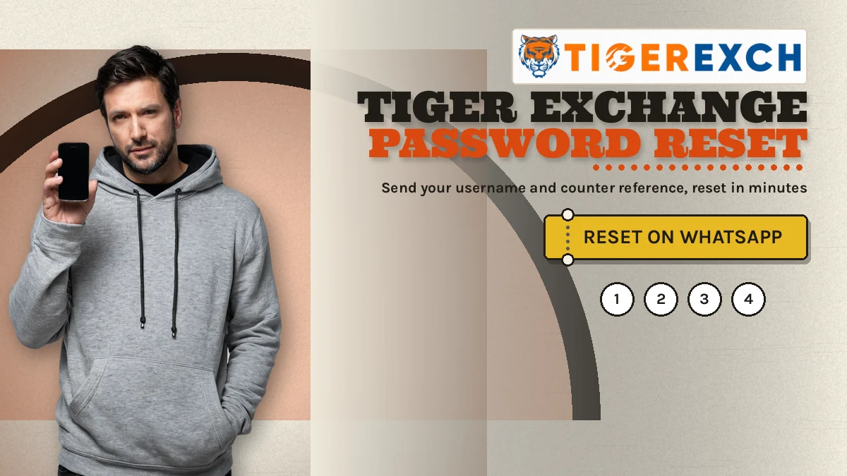 Tiger Exchange password reset banner: Send your username and counter reference, reset in minutes; gold ticket-stub button reading Reset On Whatsapp, adult man in a plain solid grey hoodie holding ONE black smartphone in his right hand at the left