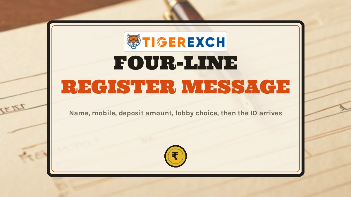 Four-Line Register Message poster: Name, mobile, deposit amount, lobby choice, then the ID arrives