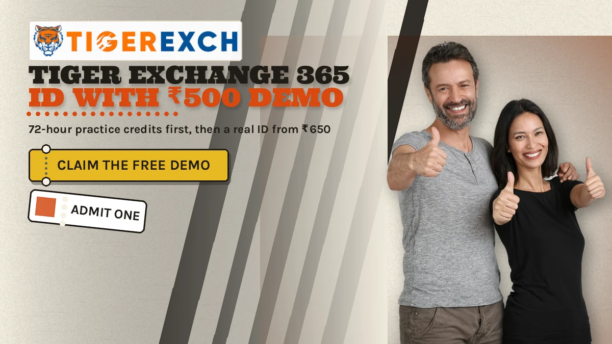 Tiger Exchange 365 id with ₹500 demo banner: 72-hour practice credits first, then a real ID from ₹650; gold ticket-stub button reading Claim The Free Demo, exactly two people at the right
