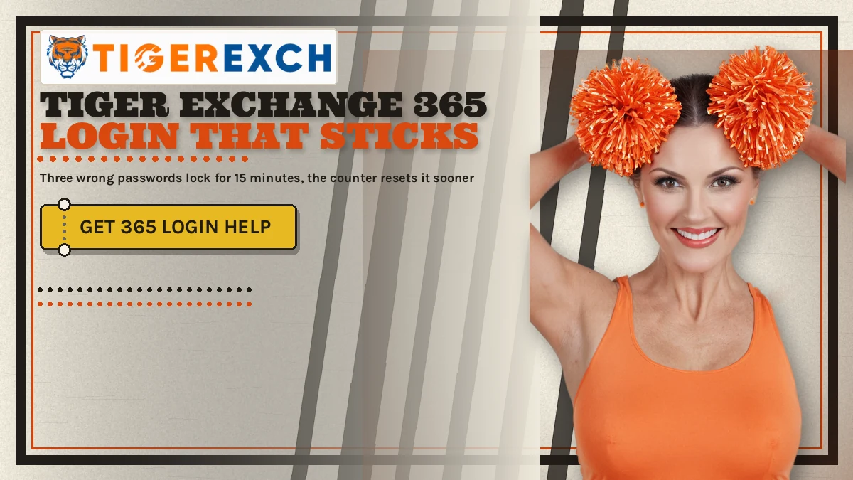 Tiger Exchange 365 login that sticks banner: Three wrong passwords lock for 15 minutes, the counter resets it sooner; gold ticket-stub button reading Get 365 Login Help, cheerleader in a plain solid orange top holding two orange pom-poms up above her shoulders at the right