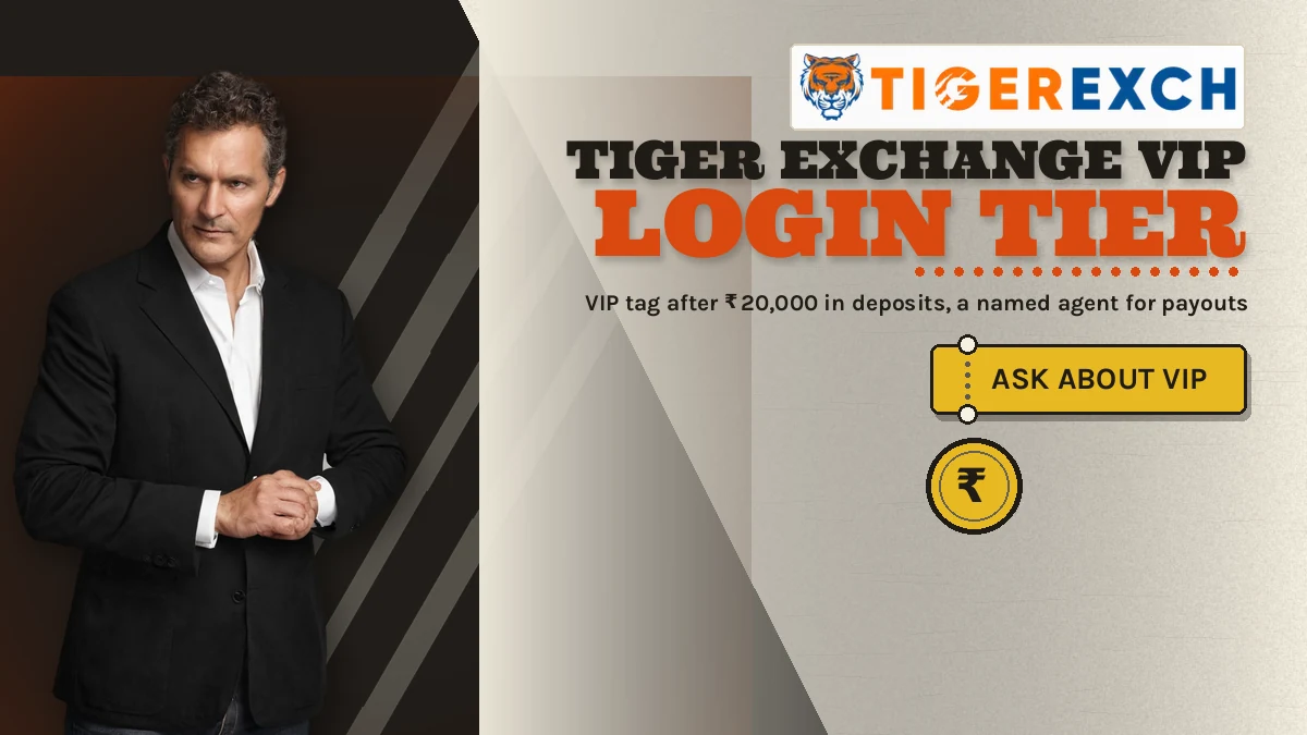 Tiger Exchange Vip login tier banner: VIP tag after ₹20,000 in deposits, a named agent for payouts; gold ticket-stub button reading Ask About Vip, adult man in a plain black blazer adjusting a cuff at the left