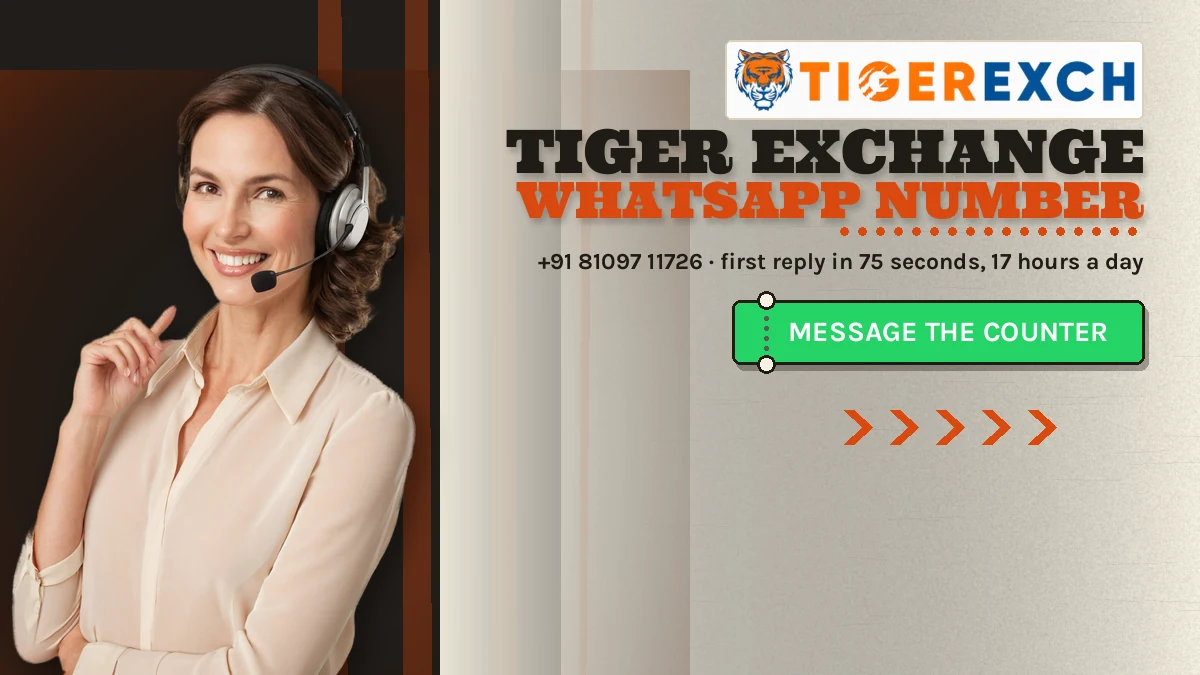 Tiger Exchange whatsapp number banner: +91 81097 11726 · first reply in 75 seconds, 17 hours a day; gold ticket-stub button reading Message The Counter, support agent woman wearing a headset in a plain cream blouse at the left